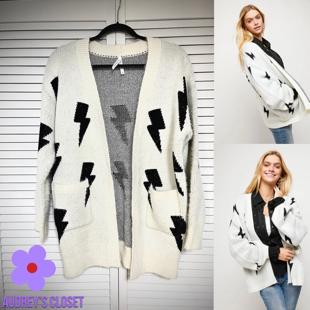 Lightning bolt fuzzy black-and-white cardigan